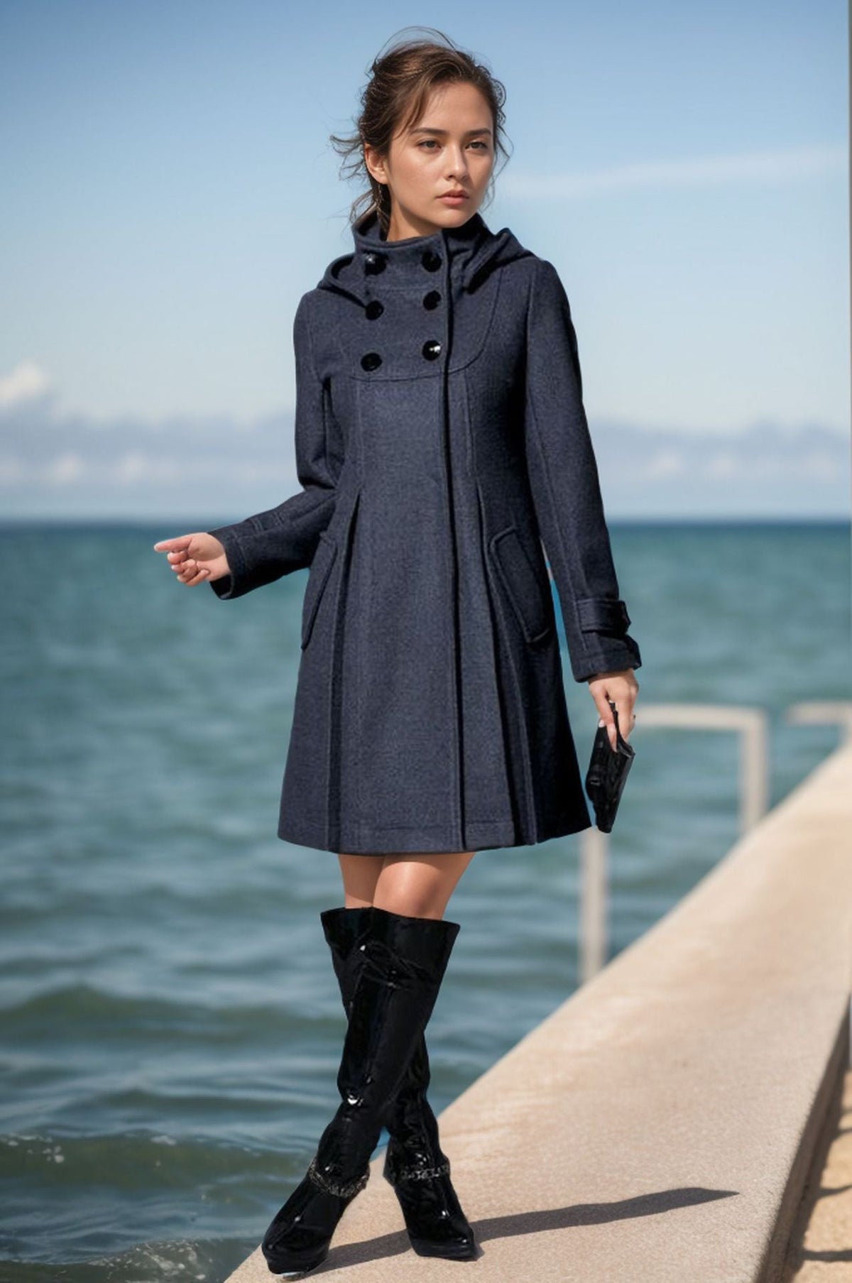 Women's Elegant Coat with High Collar and Functional Pockets