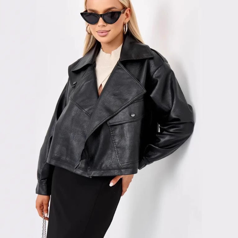 Women's Cropped Faux Leather Biker Jacket