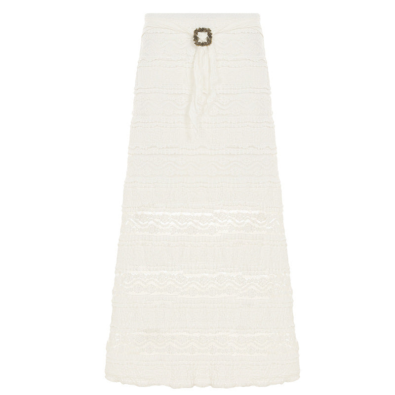 Women's Midi Skirt with Ruffled Hem and Decorative Waist Belt