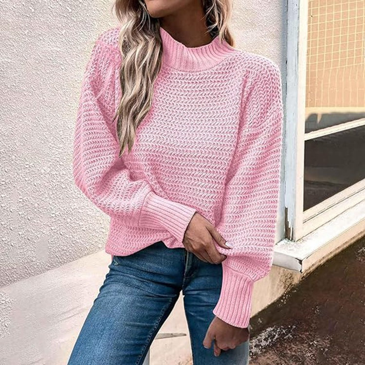 Women's Chunky Knit Sweater with High Collar and Balloon Sleeves