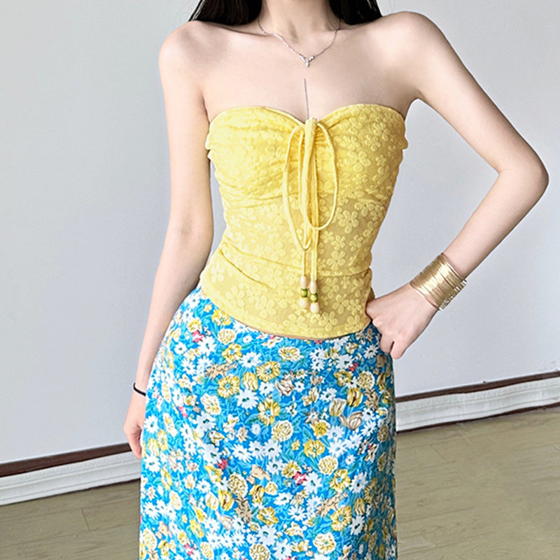 Women's Bandeau Top with Floral Pattern and Braided Detail
