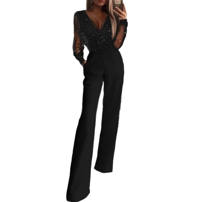 Women's Elegant Jumpsuit with Sheer Blouse and Shimmering Accents