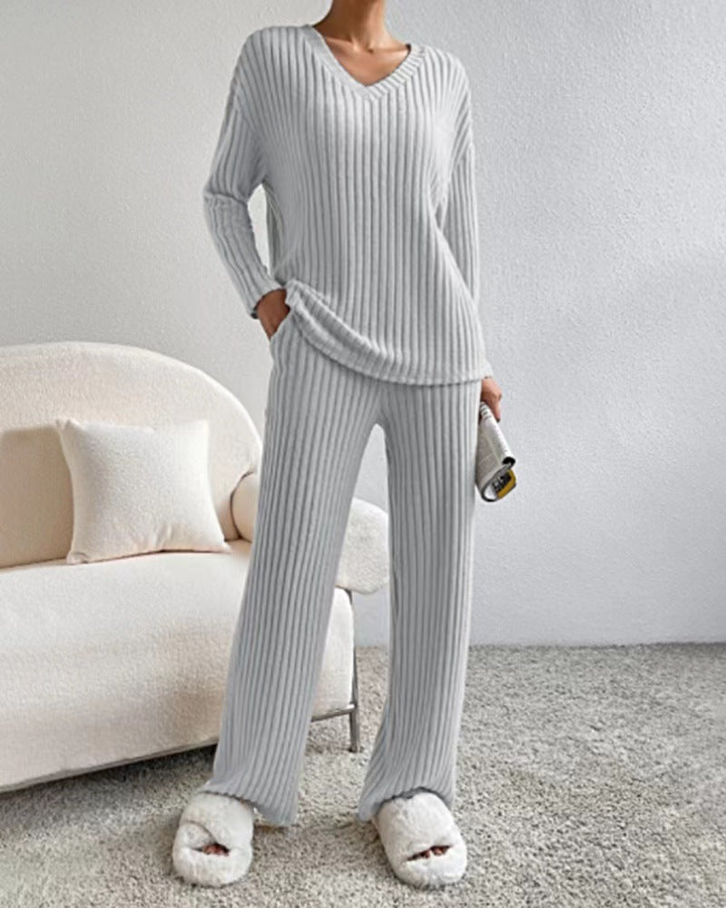 Women's Casual Ribbed Loungewear Set with V-Neck