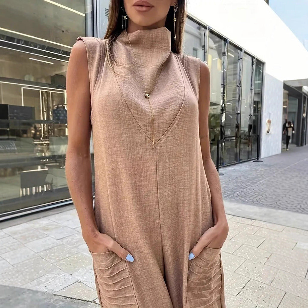 Women's Airy Maxi Jumpsuit with Decorative Pleats and Side Pockets