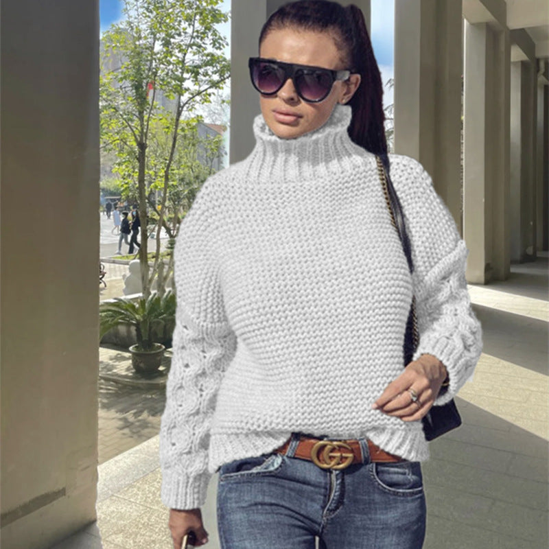 Women's Chunky Knit Sweater with High Collar and Textured Sleeves