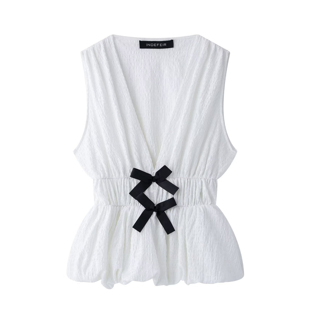 Women's Sleeveless Top with Decorative Bows and Elastic Waist