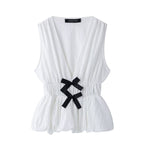 Women's Sleeveless Top with Decorative Bows and Elastic Waist