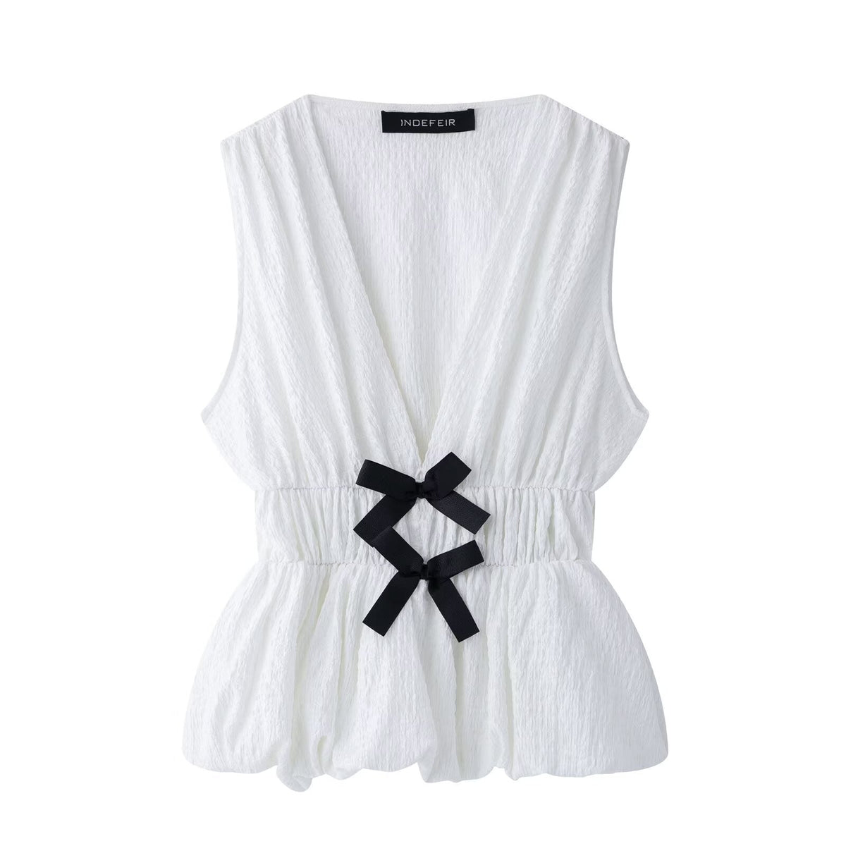 Women's Sleeveless Top with Decorative Bows and Elastic Waist