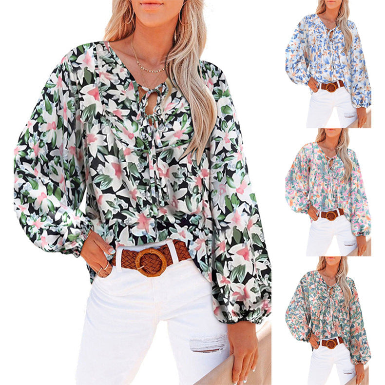 Women's Loose Blouse with Floral Pattern and Voluminous Sleeves