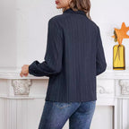 Women's Long-Sleeve Blouse with Fine Ribbed Texture and Classic Shirt Collar