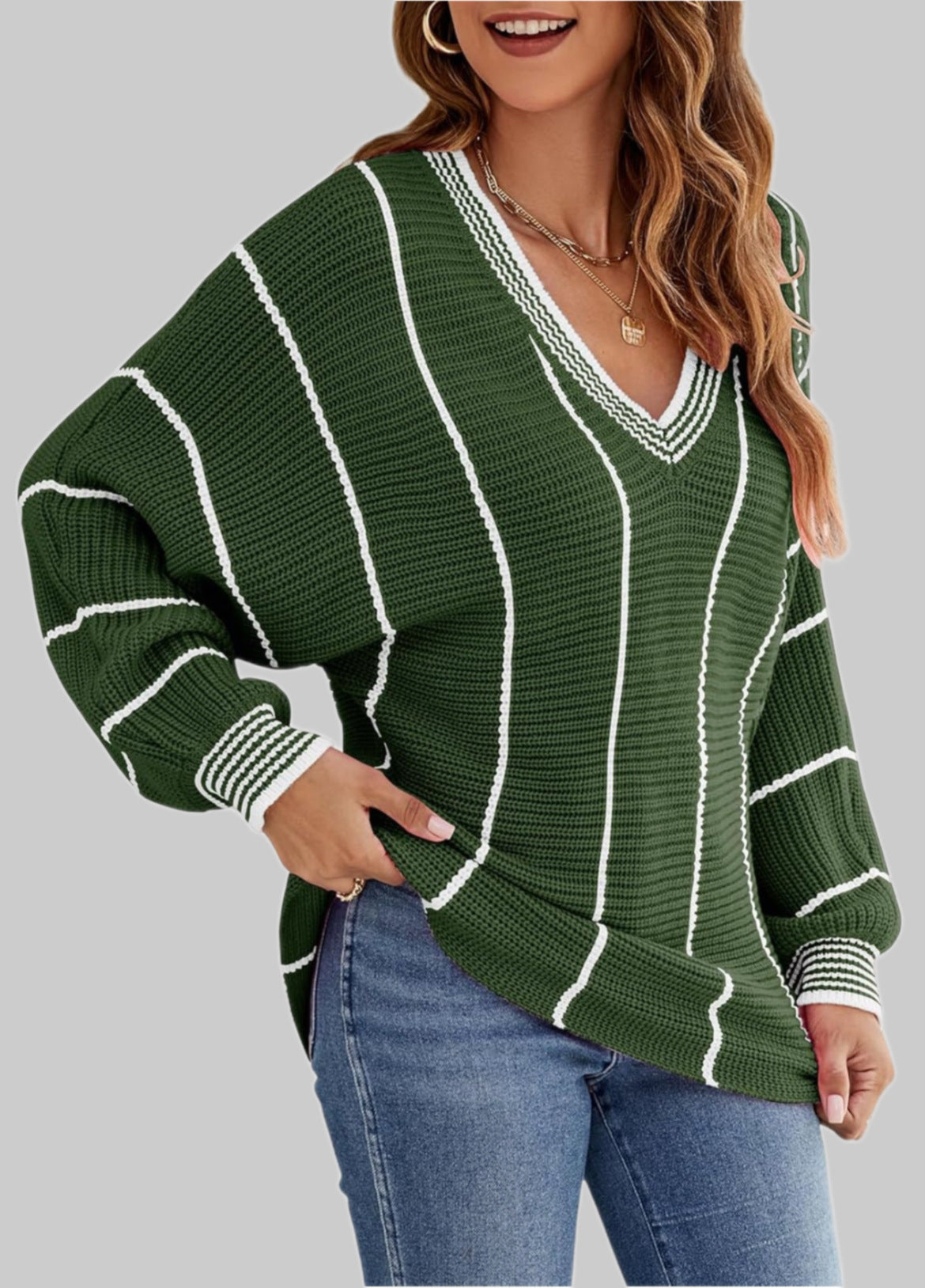 Women's Large Knit Sweater in Relaxed Oversized Style with V-Neck and Striped Pattern