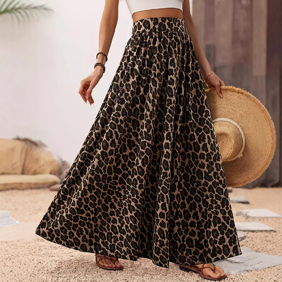Women's Maxi Skirt with Leopard Print and Elastic Waistband