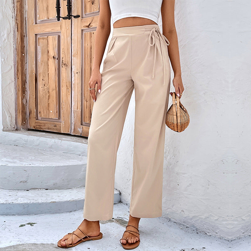 Women's Comfortable High-Waist Pants with Drawstring and Wide Cut