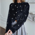 Women's Fluffy Knit Cardigan with Jeweled Buttons and Elegant Cut
