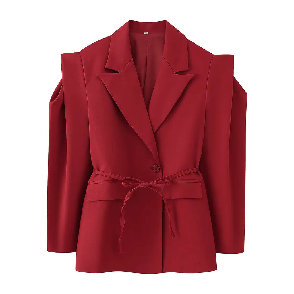 Women's Elegant Oversized Blazer Jacket with Belt and Shoulder Pads
