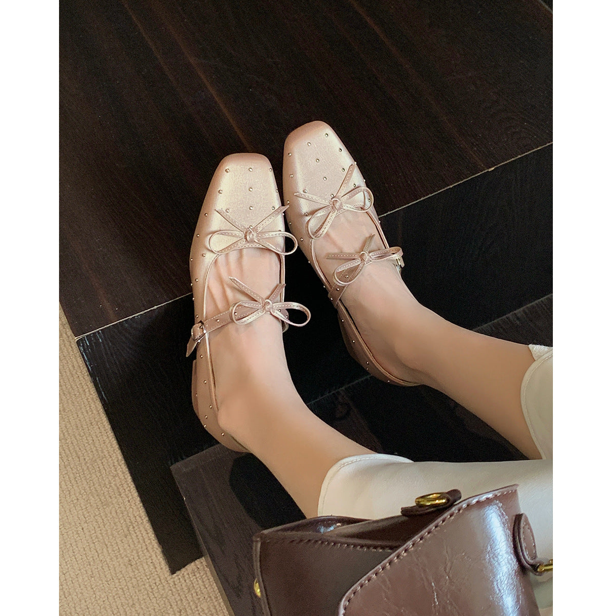 Women's Ballet Flats with Decorative Bows and Rhinestone Details
