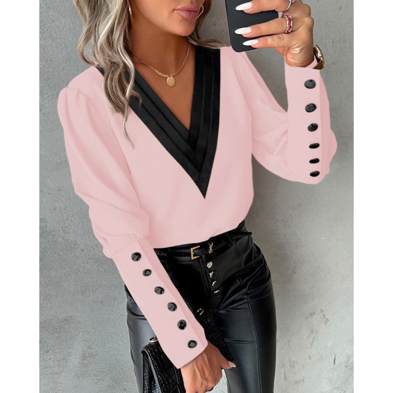 Women's V-Neck Blouse with Puff Sleeves