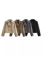 Women's Cropped Trench Jacket with Double-Breasted Button Placket and Adjustable Sleeves