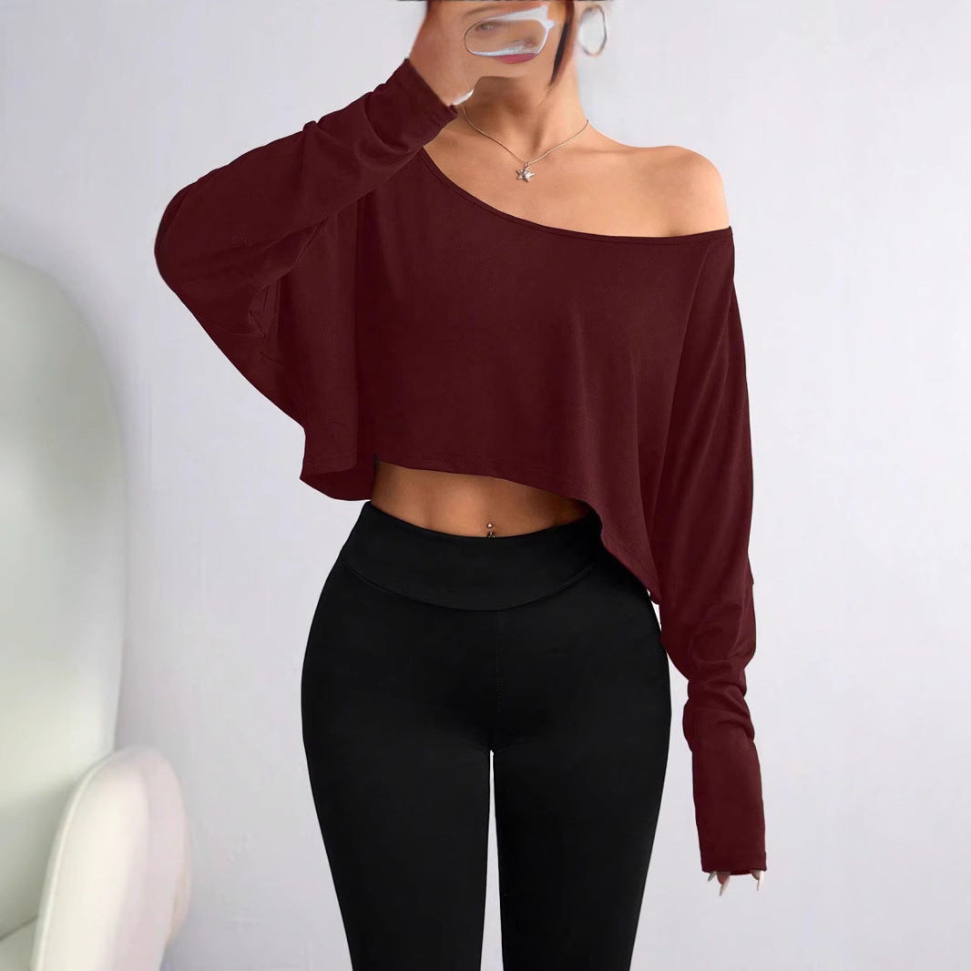 Women's Casual Oversized Long-Sleeve Shirt with Asymmetric Hem and Boat Neck