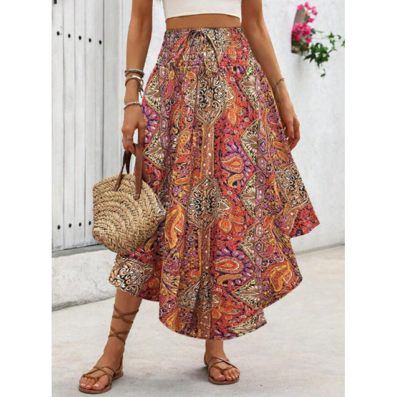 Women's Maxi Skirt with Elegant Paisley Pattern and Elastic Waistband