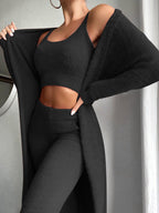 Women's Cozy Fine Fleece Lounge Set with Open Cardigan and Crop Top