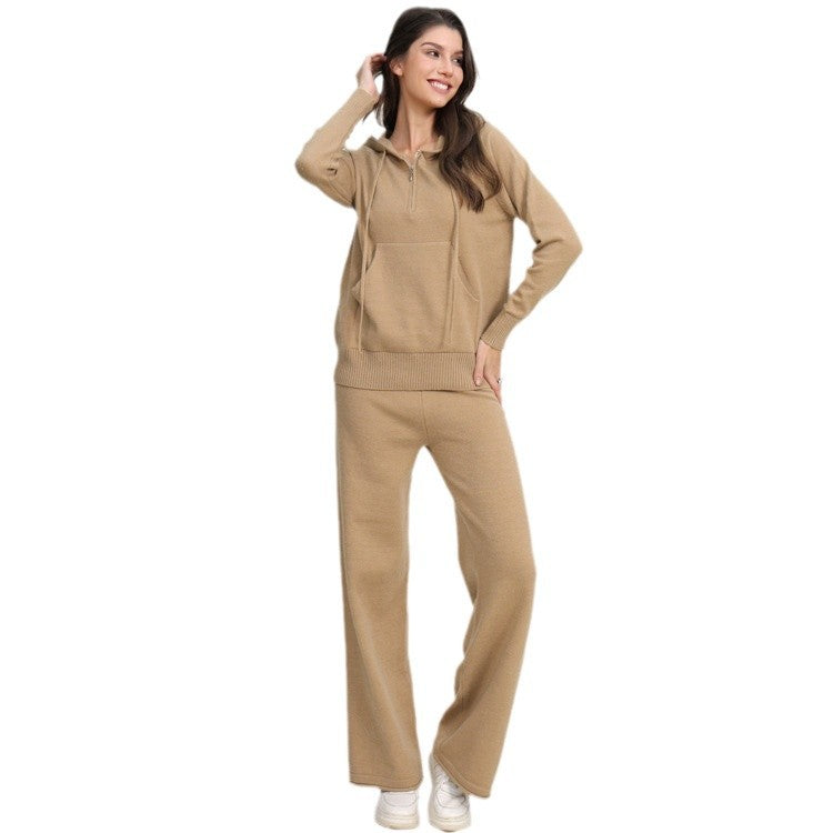 Women's Casual Knit Loungewear Set with Hood and Wide Leg