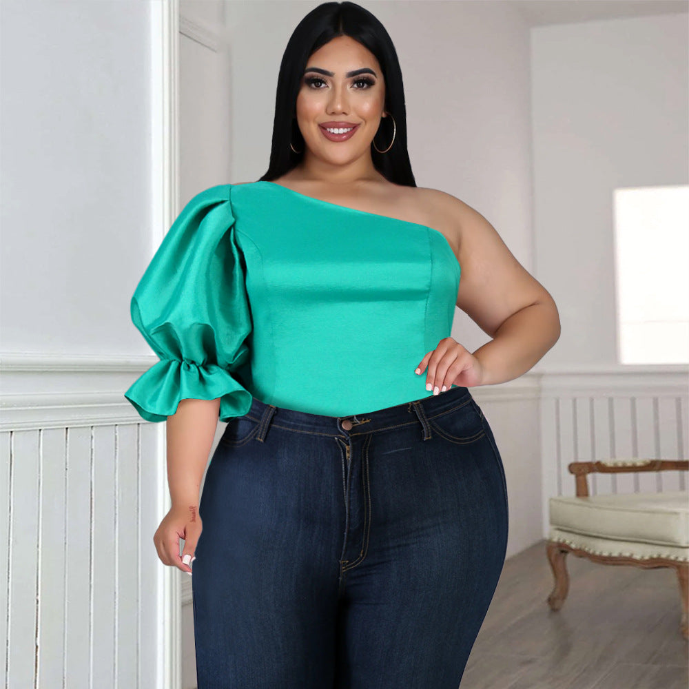 Women's Blouse with Asymmetrical Neckline and Voluminous Puff Sleeves
