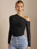 Women's Asymmetrical Long-Sleeve Bodysuit with Ruching