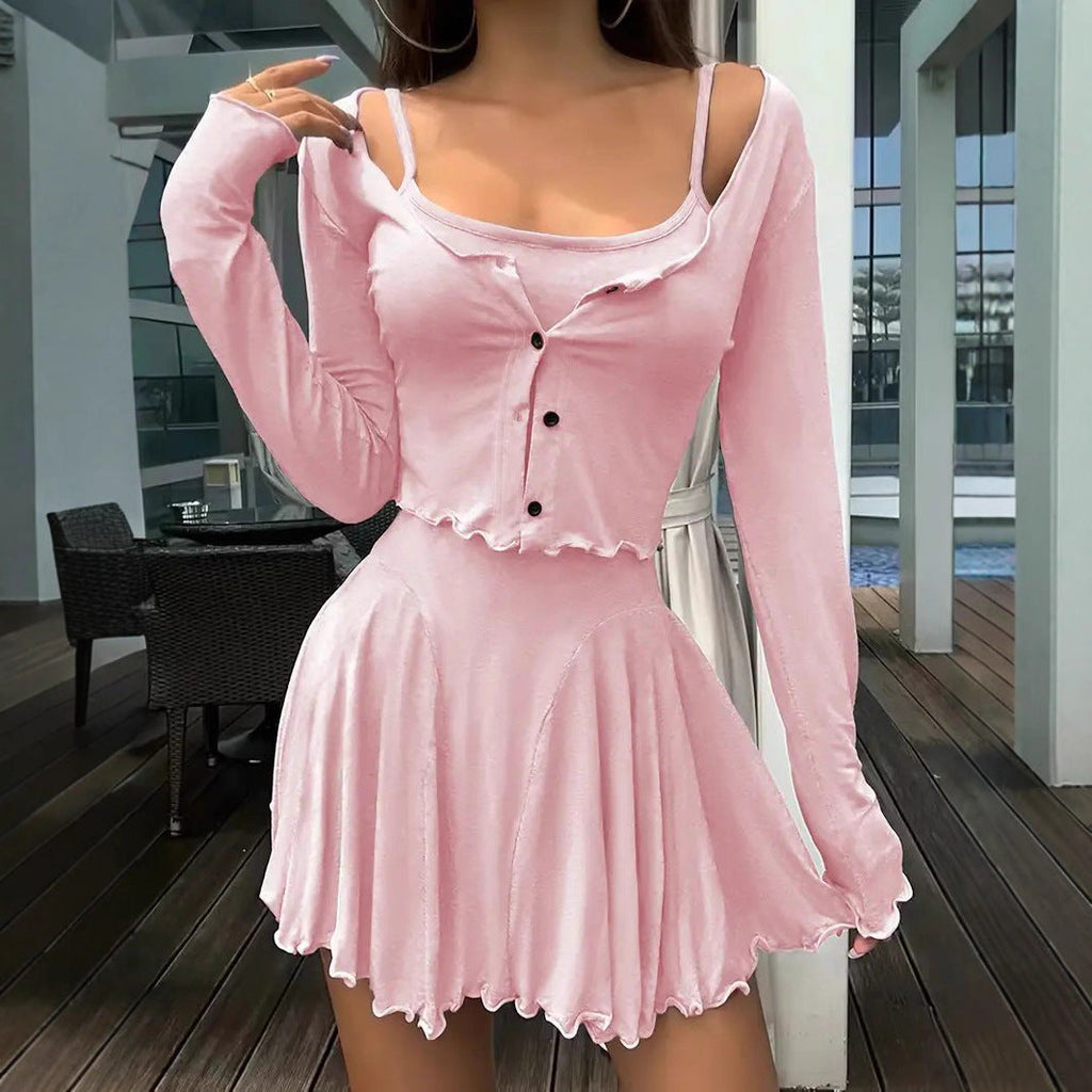 Women's Fashionable Top with Ruffles and Short Skirt