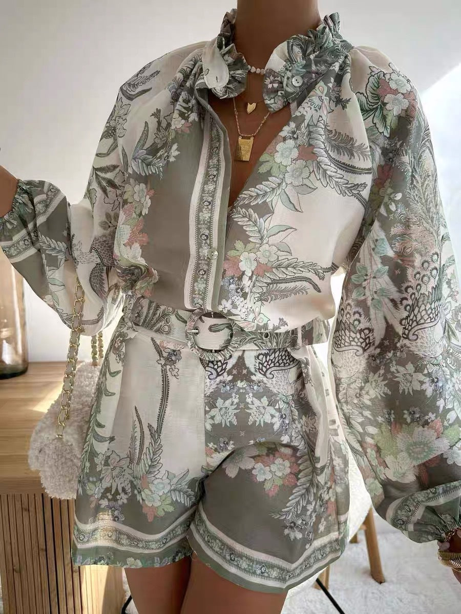 Women's Blouse Set with Floral Design and Loose Fit