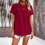 Women's Blouse with Puff Sleeves and Decorative Lace Trim