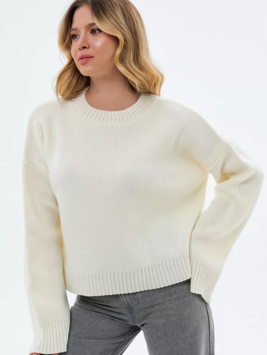Women's Cozy Cropped Sweater with Relaxed Balloon Sleeves and Ribbed Texture