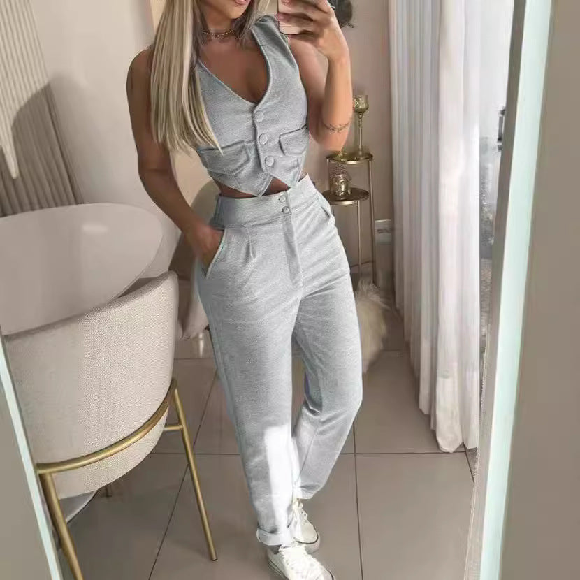 Women's Comfortable Lounge Set with Button Details and Wide Legs