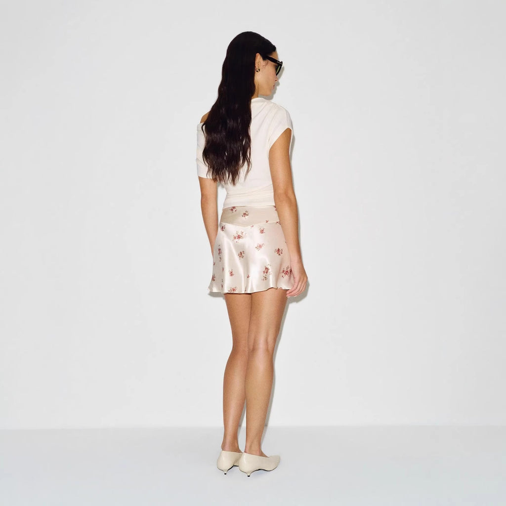 Women's Short Satin Skirt with Floral Design and Flowing Silhouette