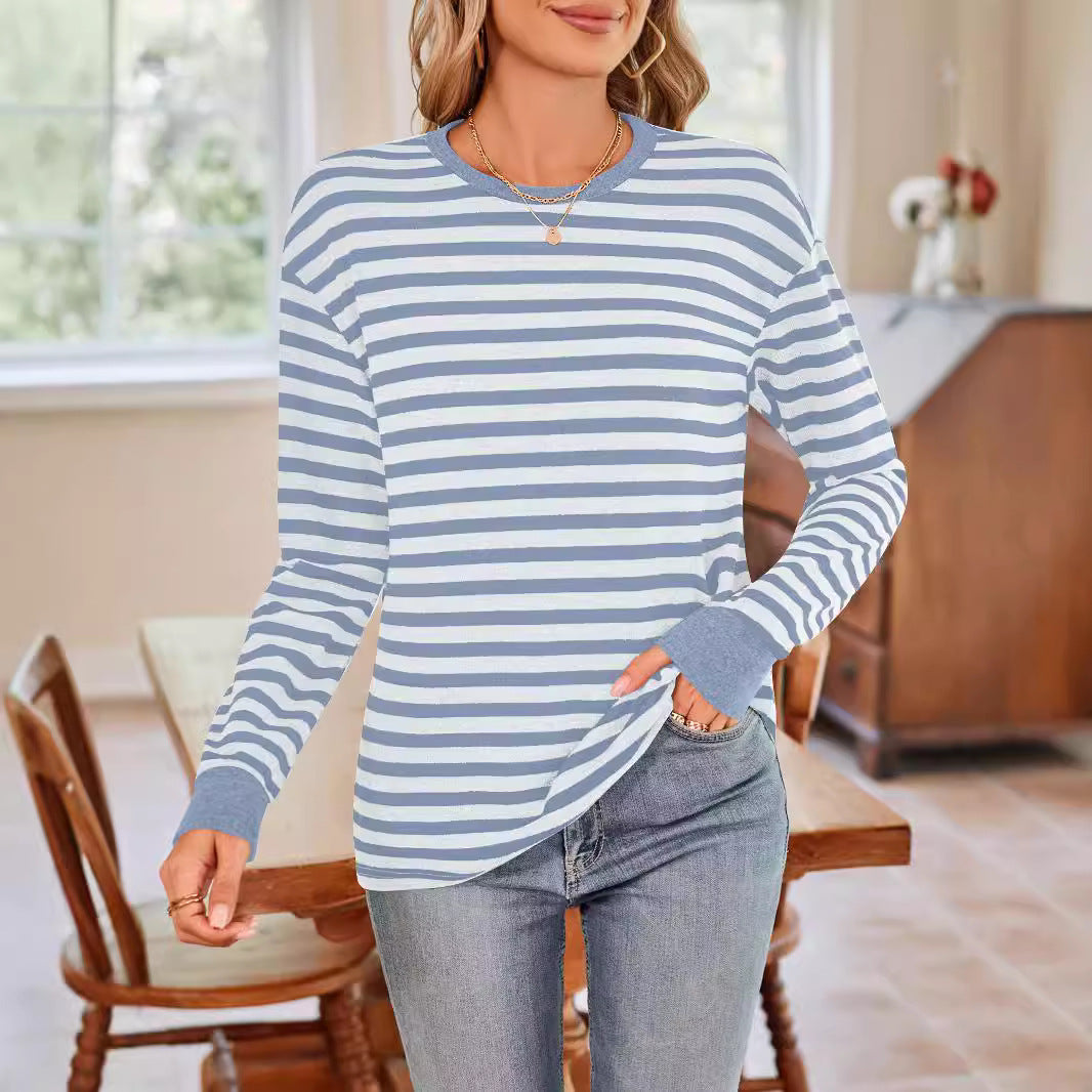 Women's Striped Long-Sleeve Shirt with Crew Neck
