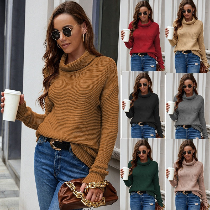 Women's Cozy Knit Sweater with High Collar and Textured Finish