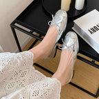 Women's Metallic Leather Ballet Flats with Elegant Bow
