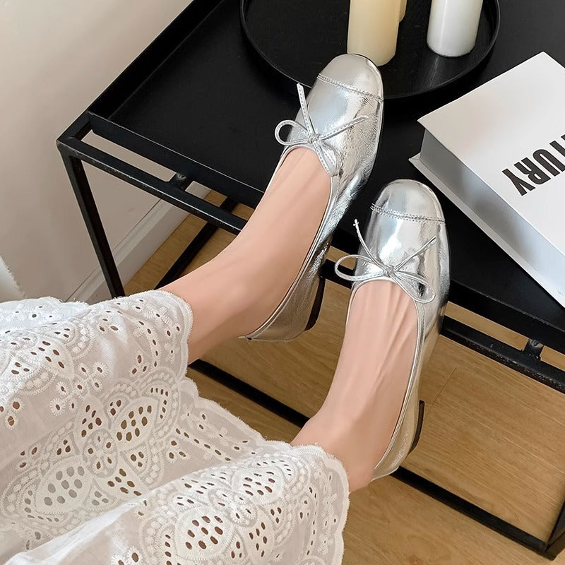 Women's Metallic Leather Ballet Flats with Elegant Bow