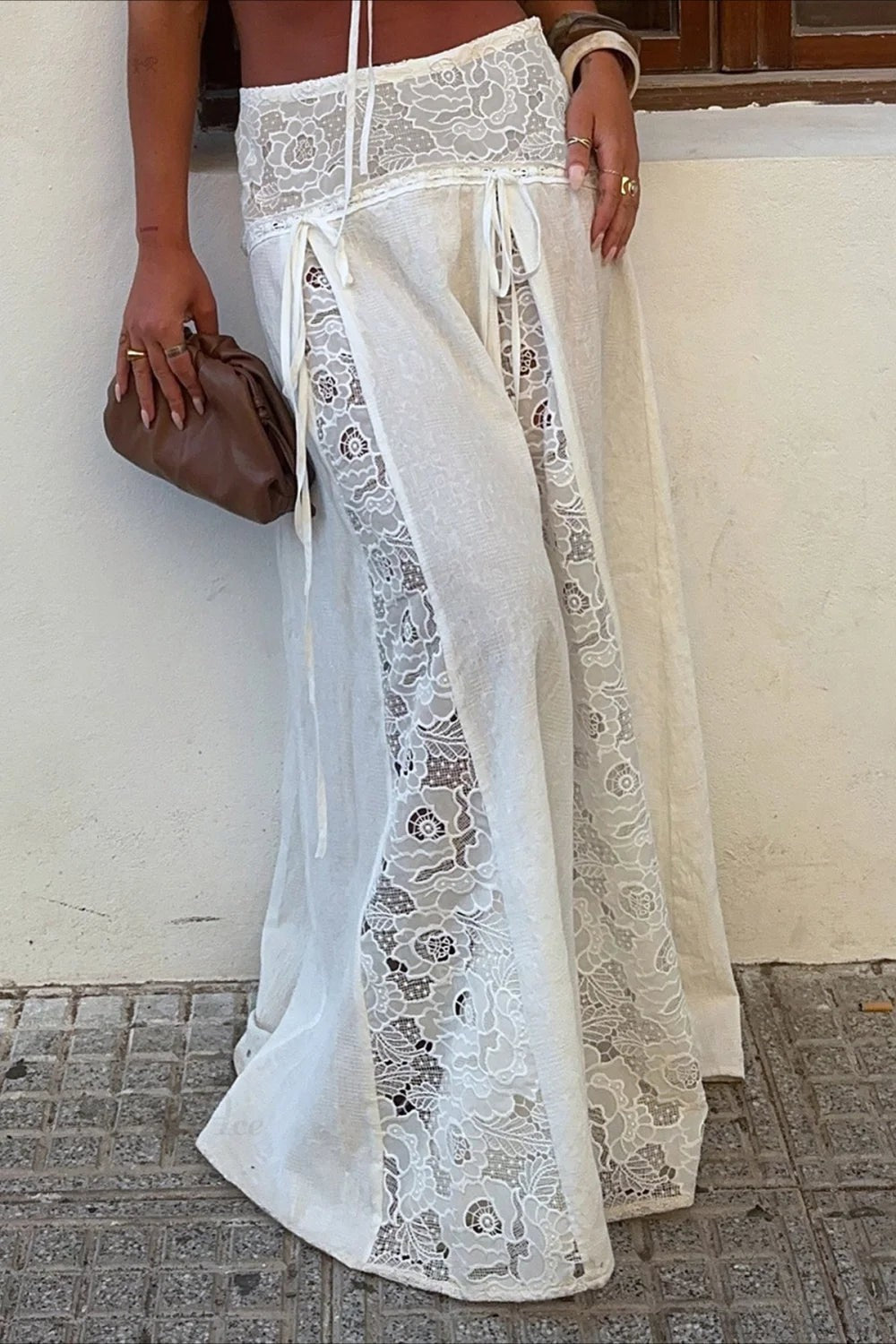 Women's Maxi Skirt with Lace Design and Side Ties