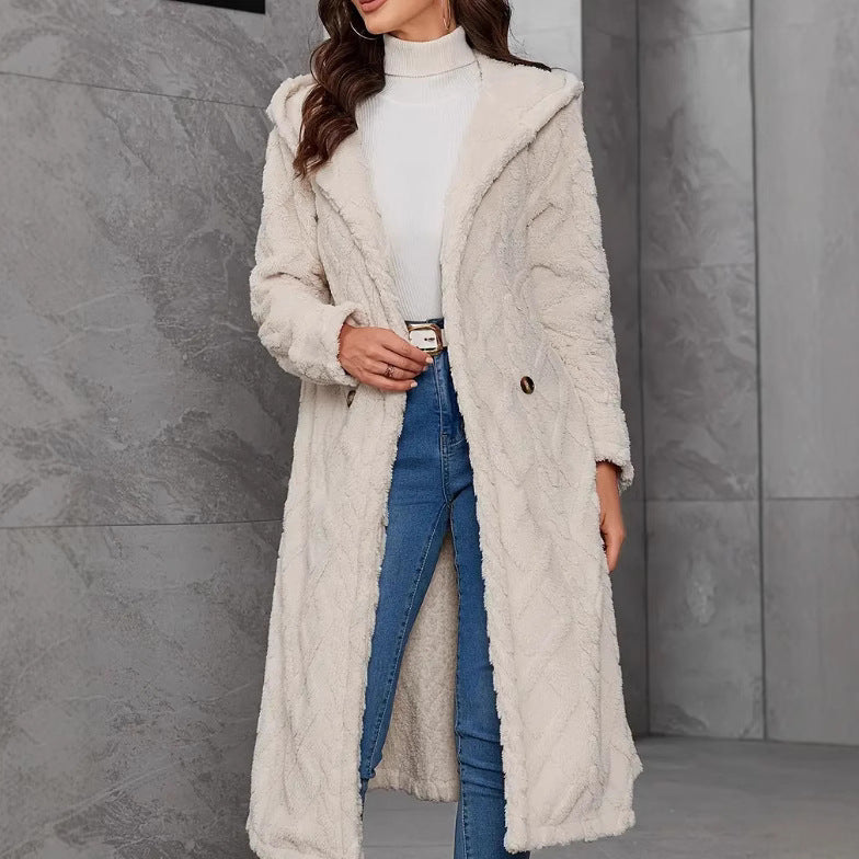 Women's Fluffy Coat with Hood and Button Closure