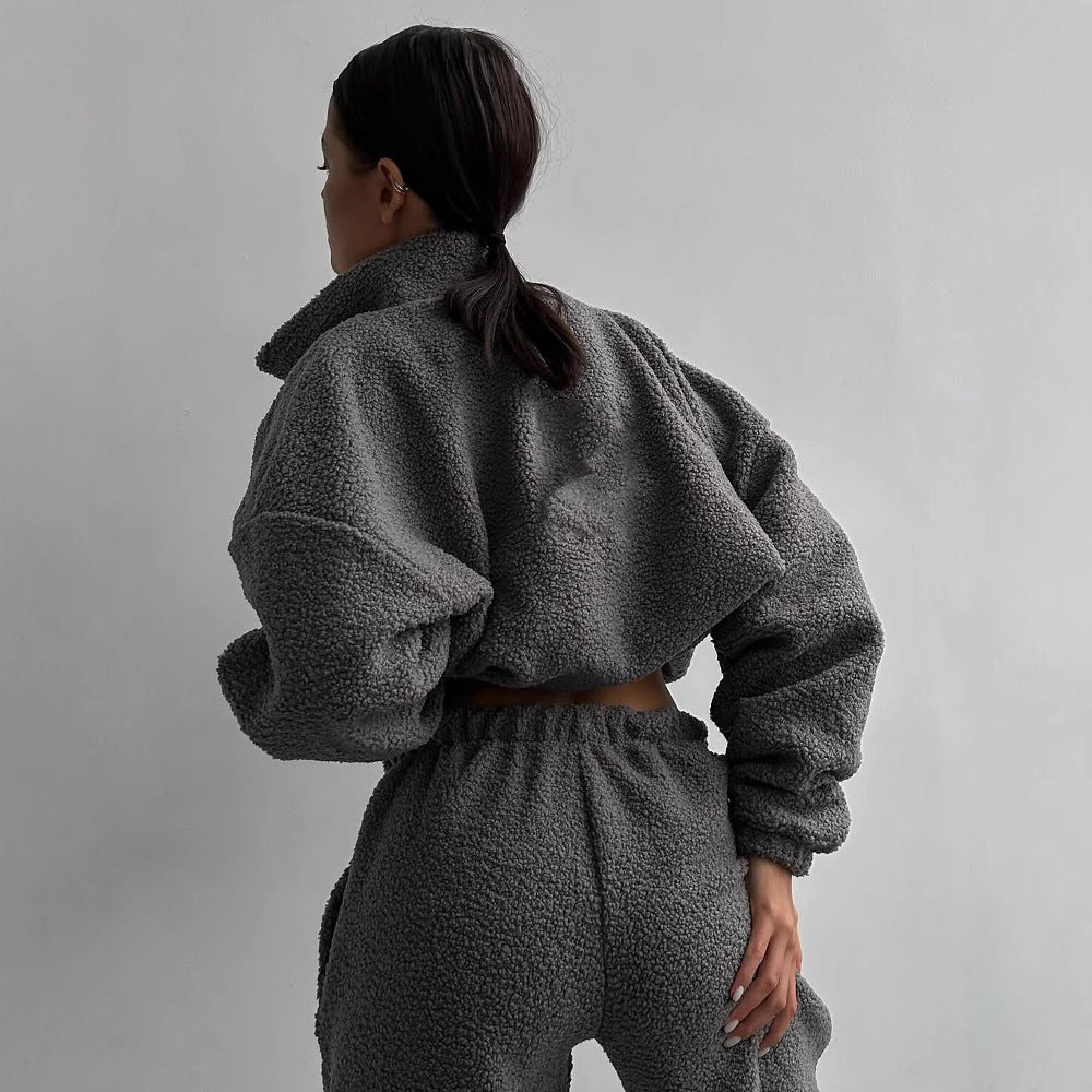 Women's Cozy Fleece Jogging Suit Set with Hood and Elastic Waistband
