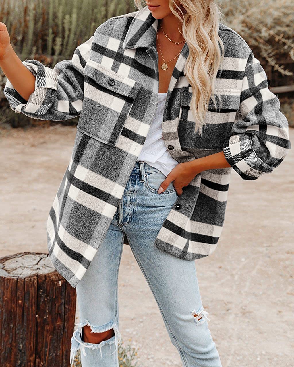 Women's Plaid Wool-Blend Coat with Practical Pockets