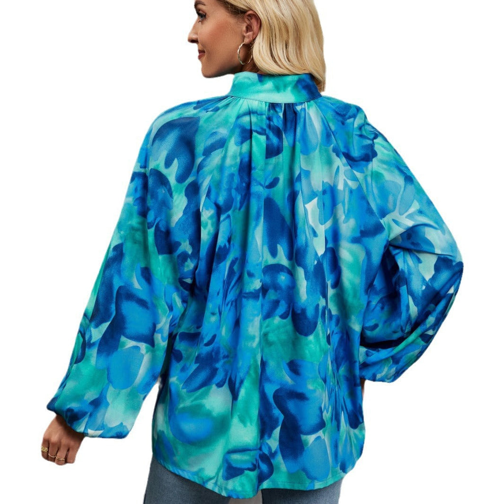 Women's Blouse with Colorful Floral Print and Pussy Bow Collar