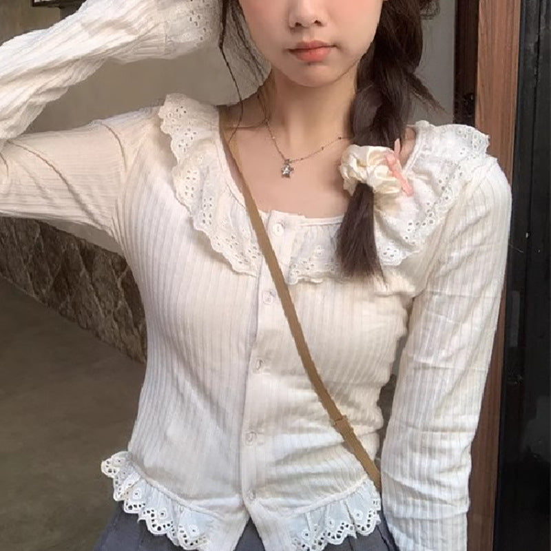 Women's Long-Sleeve Blouse with Lace Collar and Decorative Ruffled Hem