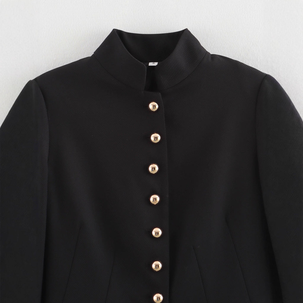 Women's Elegant Quilted Jacket with High Collar and Gold Buttons