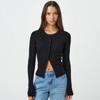 Women's Form-Fitting Knit Cardigan with Button Placket and Long Sleeves