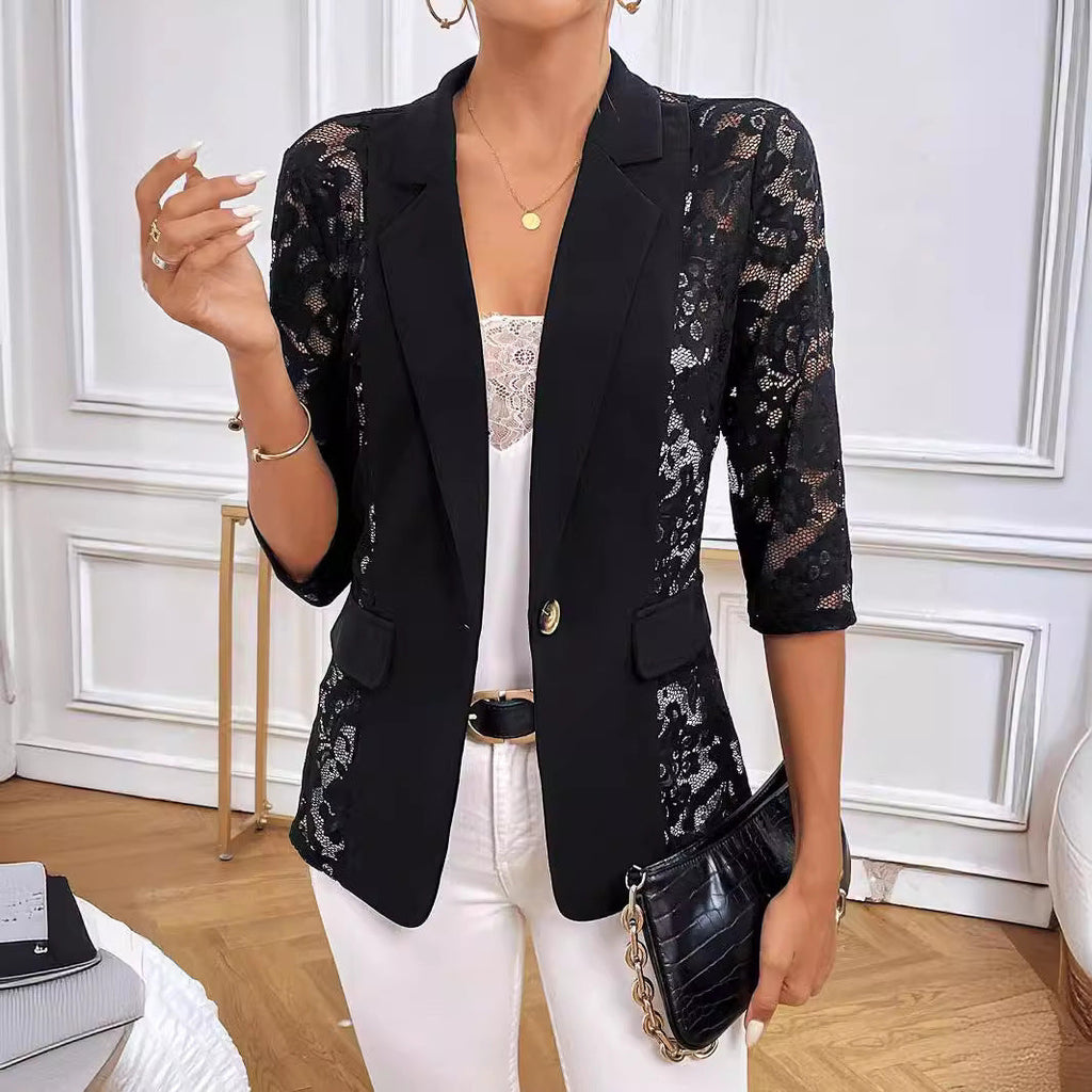 Women's Elegant Blazer Jacket with Transparent Lace Detail