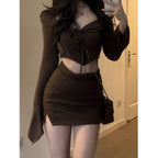 Casual Knot-Front Crop Top and Mini Skirt Set