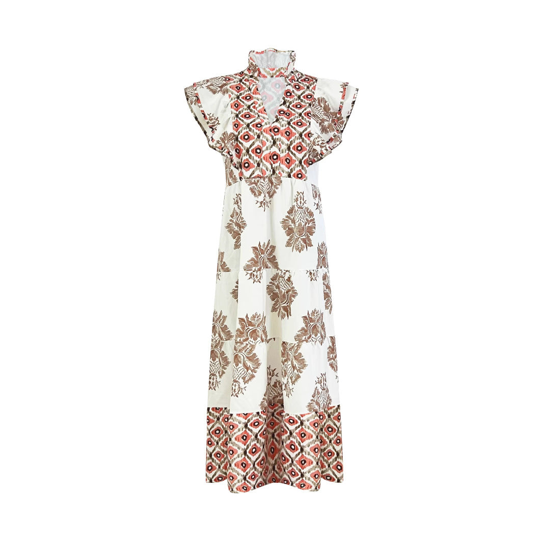 Women's Casual Blouse Dress with Floral Pattern and Modern V-Neck