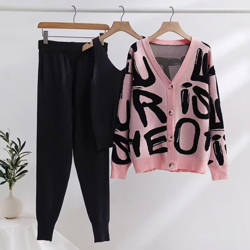 Women's Cozy Knit Loungewear Set with Decorative Lettering